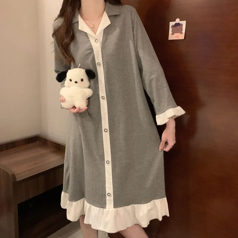 Women Spring Autumn Long Sleeve Sleeping Dress Cotton Thin Pajamas Korean Version Cute Loose Sleepwear Lapel Lacework Nightgown