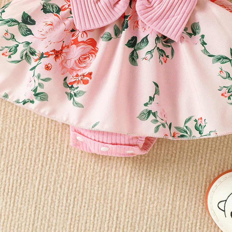 2pcs Infant Baby Girls Romper Dress Patchwork Flower Print Lace Sleeveless/Long Sleeve Crew Neck Front Bowknot Jumpsuit Headband girls dress baby jumpsuit baby girl dress