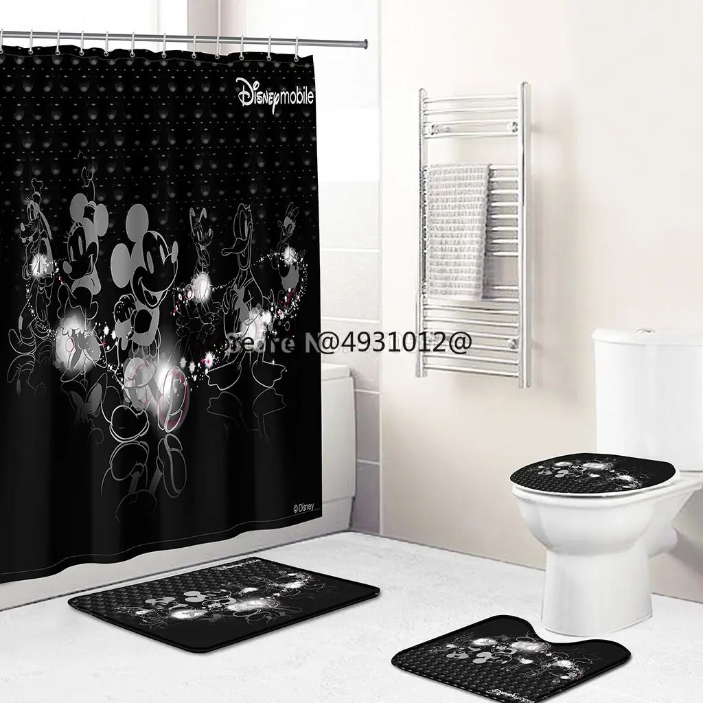 

2023 3D Mickey Mouse Print Bathroom Sets Disney Cartoon Shower Curtain With 12 Hooks Pedestal Rug Lid Toilet Cover Bath Mat Set