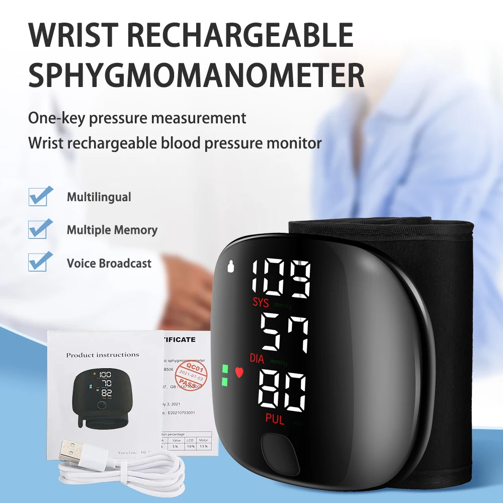 Touch LCD Screen Digital Wrist Blood Pressure Monitor Smart Voice Chargeable Automatic Tonometer Heart Rate Sphygmomanometer