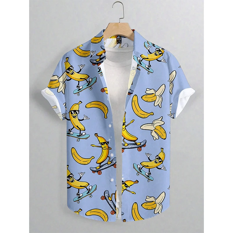 Hawaii Beach Shirt Mens Shirt Lapel Party Shirt Men Casual Street Short Sleeve Fashion Banana Animation Print Casual Short Shirt 4