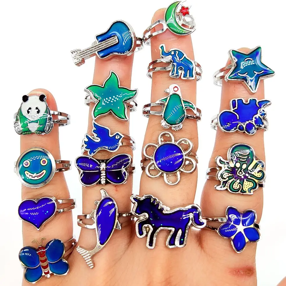 20/50/100pcs Wholesale Cute Animal Flower Mood Ring Child Temperatre Color Changing Charm Rings Grils Party Gifts 2