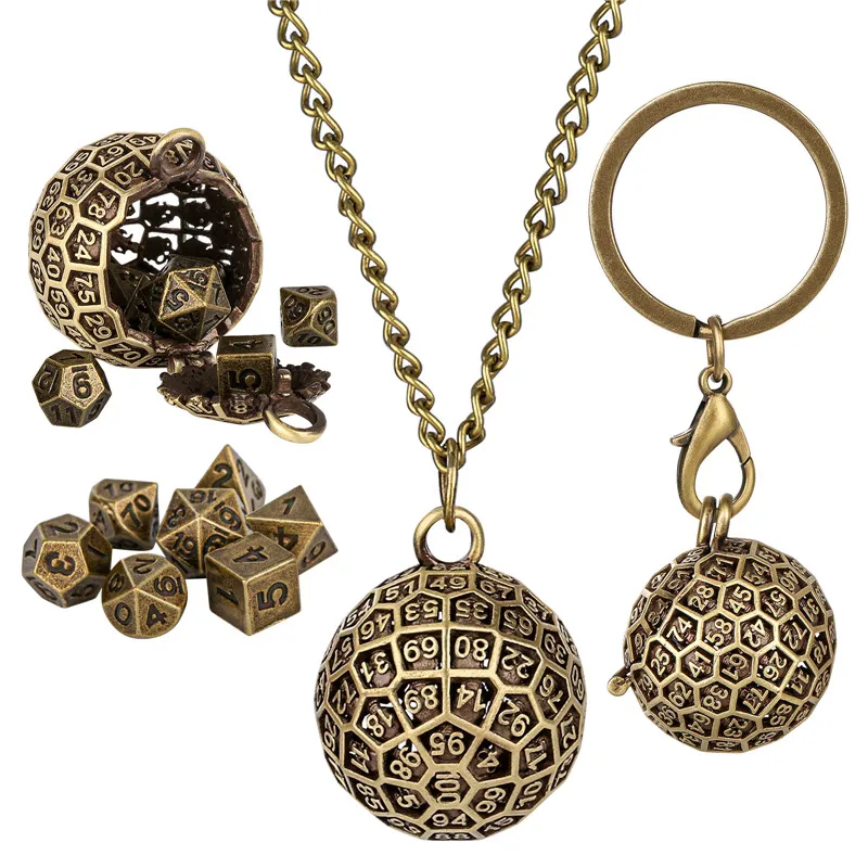 Portable Pendant Necklace Chain Key Ring Round D100 Storage Case for 7pcs Tiny Metal Polyhedral Dice Set Entertainment Accessory