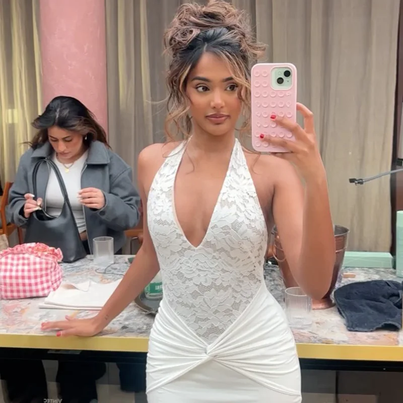 Fashion Spring Summer Deep V Women's Lace Splicing Neck Lace-up Dress Sexy Halter Women's Slim-fit Long evening dresses