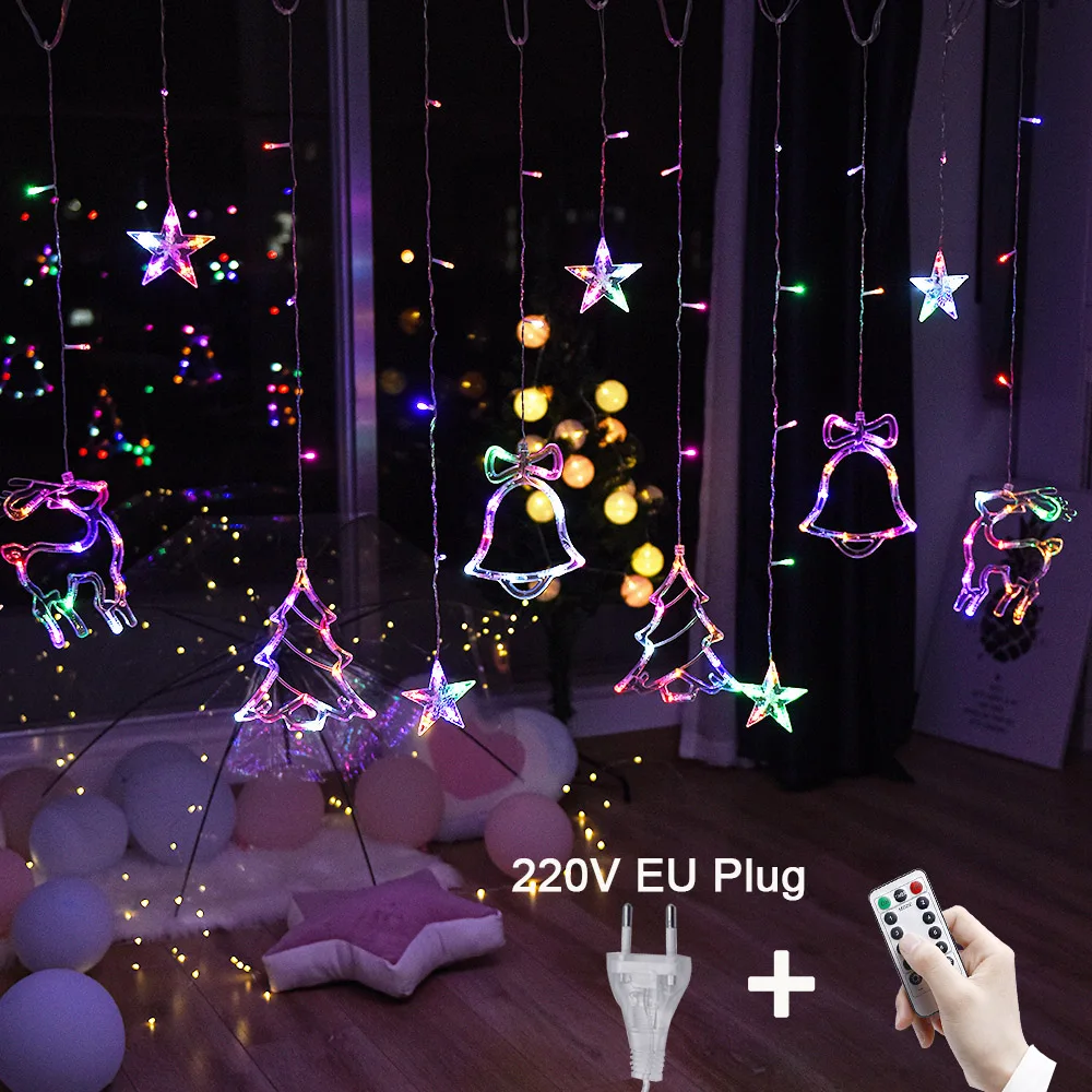 thumbnail image 1 of Christmas Fairy Curtain String Lights 3.4M LED Star Deer 220V 110V Garland Festoon For Xmas Tree New Year Navidad Party Decor, 1 of 5