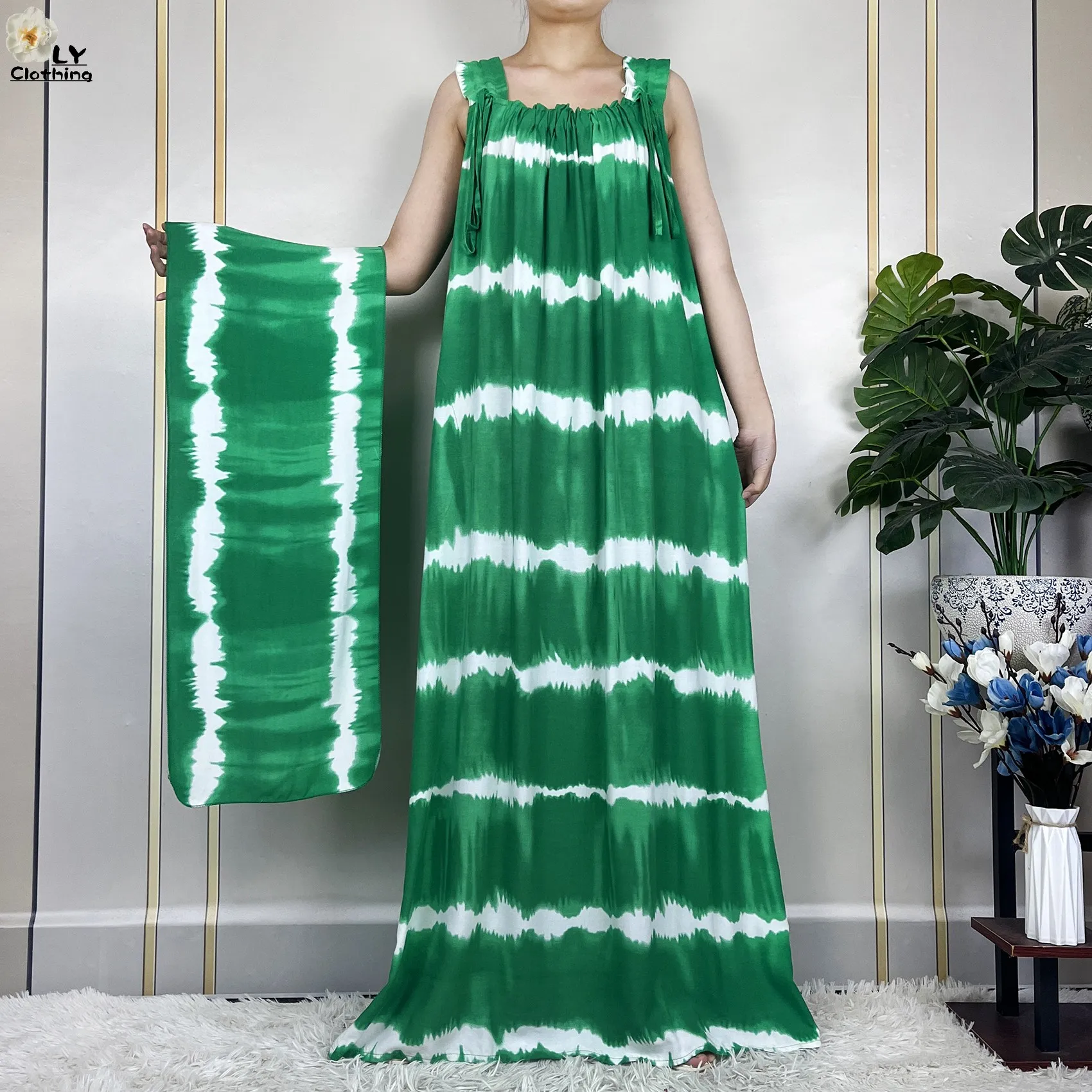 New Dubai Fashion Elegant Women Summer Sleeveless Cotton Printed Flowers Loose Dress African Dashiki Maxi Lady Dress With Scarfs