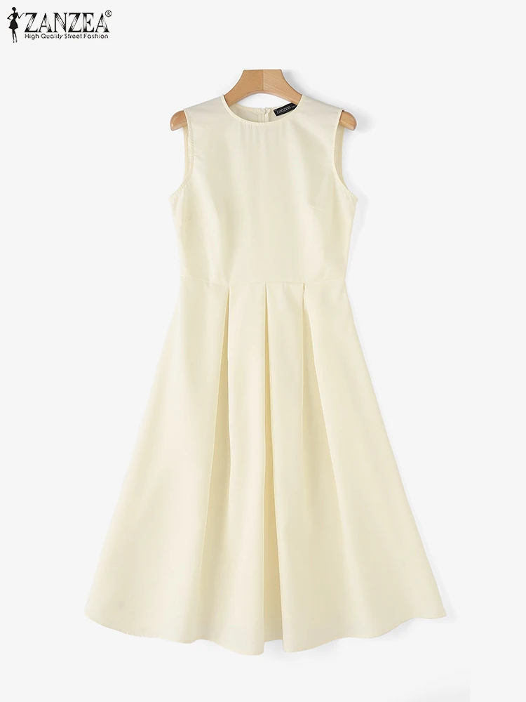 ZANZEA Women Sleeveless Pleated Dress 2025 Summer Korean A-line Tank Evening Dress Elegant Swing Vestido Vintage Party Long Robe 5