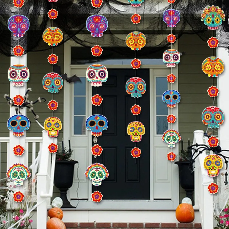 1Meter 6Pcs Colourful Skull Hanging Paper Garlands Banners Backdrops for Mexican Day of The Dead Party Decorations Supplies