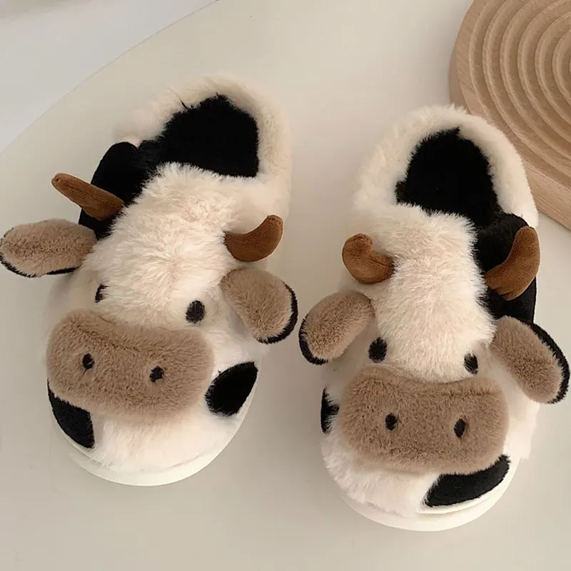 

Bebealy Cute Cow Plush Slippers For Women Fluffy Fuzzy Winter Animal Cozy Home Slippers Indoor Novelty Furry Couple Soft Slippes