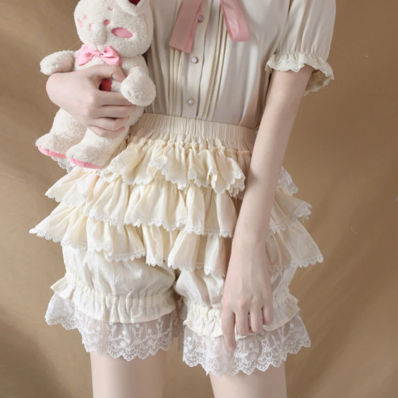 Description Picture 5 of itemSweet Lolita Safety Shorts Pink Girl Kawaii Lace Ruffle Cotton Underwear Tiered Pumpkin Short Pants Victorian Gothic JK Bloomers
