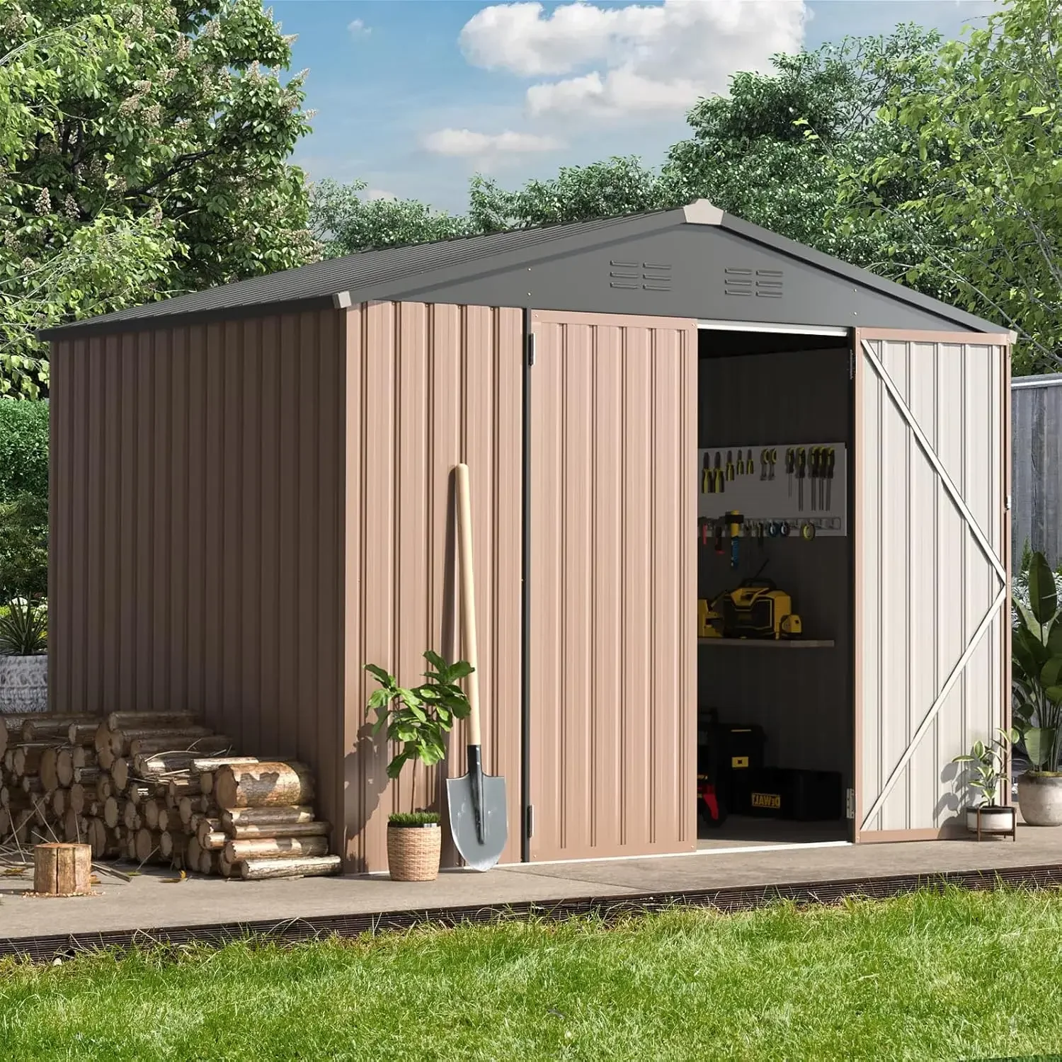 Description Picture 2 of item8' x 6' Metal Outdoor Storage Shed, Lockable Bike Shed,Garden Shed &Tool Shed for Backyard, Patio, Lawn,Brown