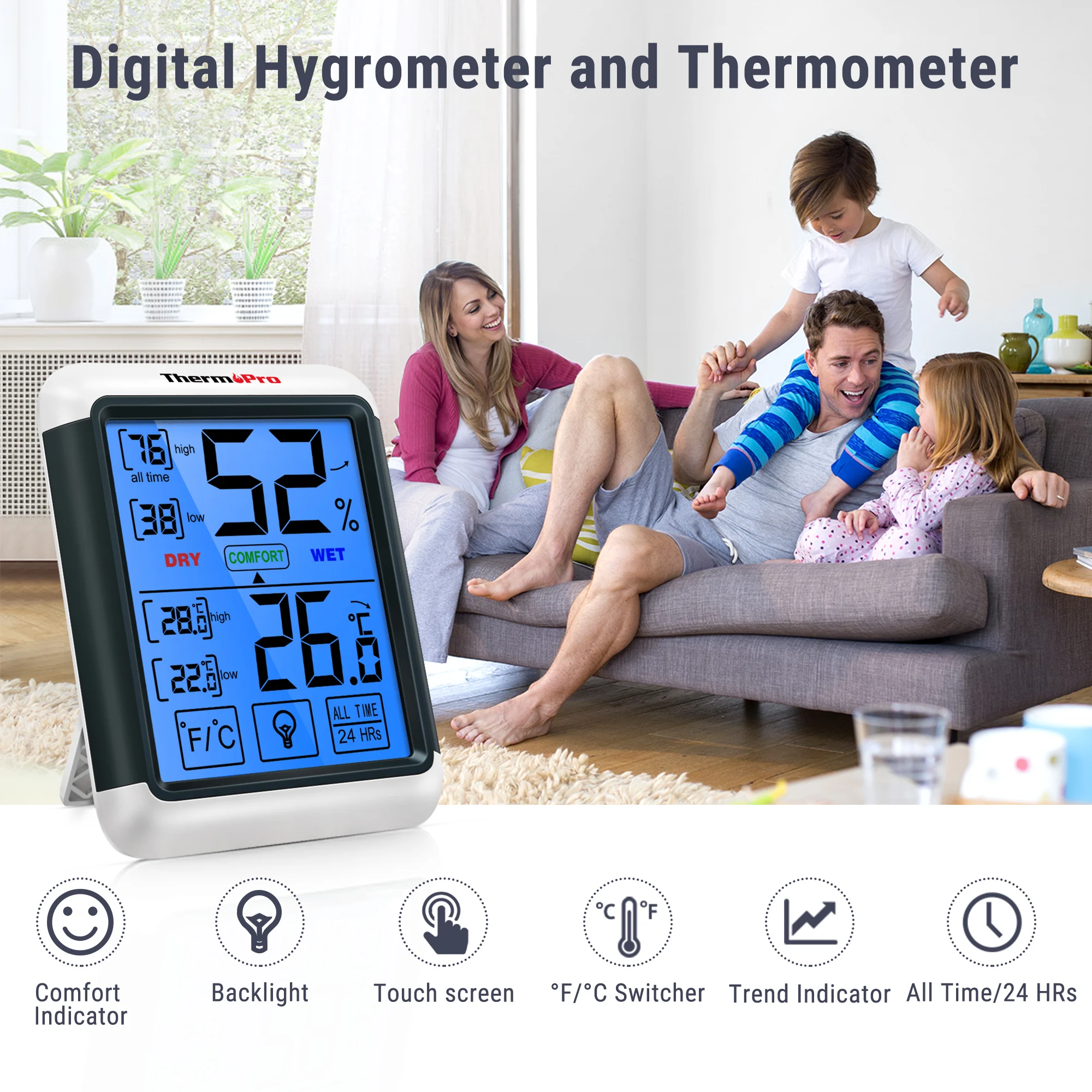 Thermopro TP55 Thermometer Hygrometer Digital Thermometer Temperature and Humidity Meter Hygrometer Thermometer Temperature Sensor Indoor Touchscreen Backlight Weather Station For Home