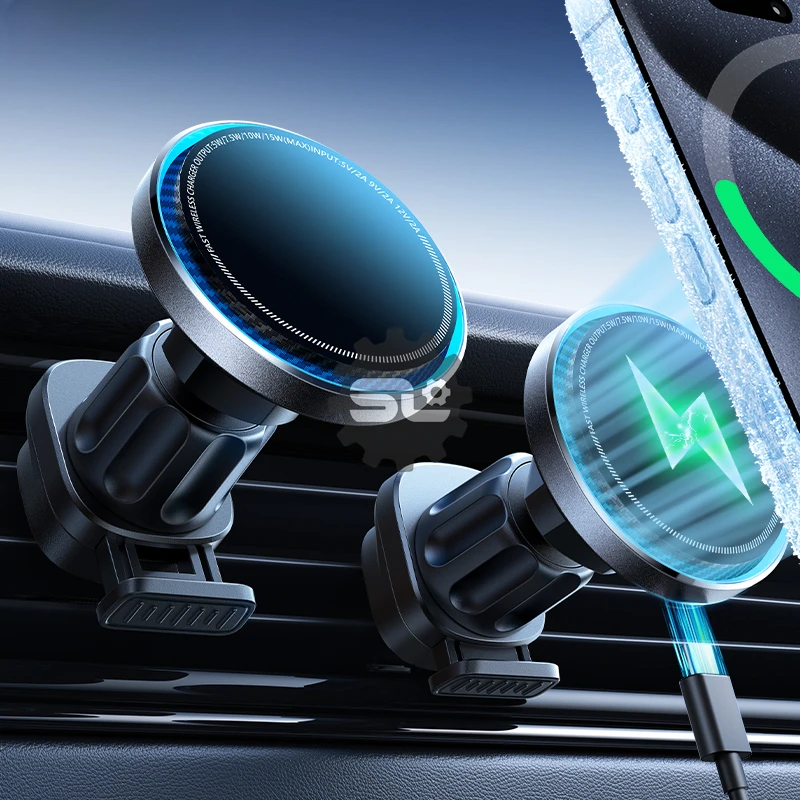 15W Wireless Fast Charging Car Charger Mount Car Phone Holder Super Cooling Fan For iPhone Magnetic Car Holder Charger