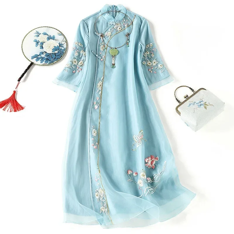 green emerald velvet dress Retro Chinese Long Dress with Embroidery and Zen Tea Ceremony Style White / XXL