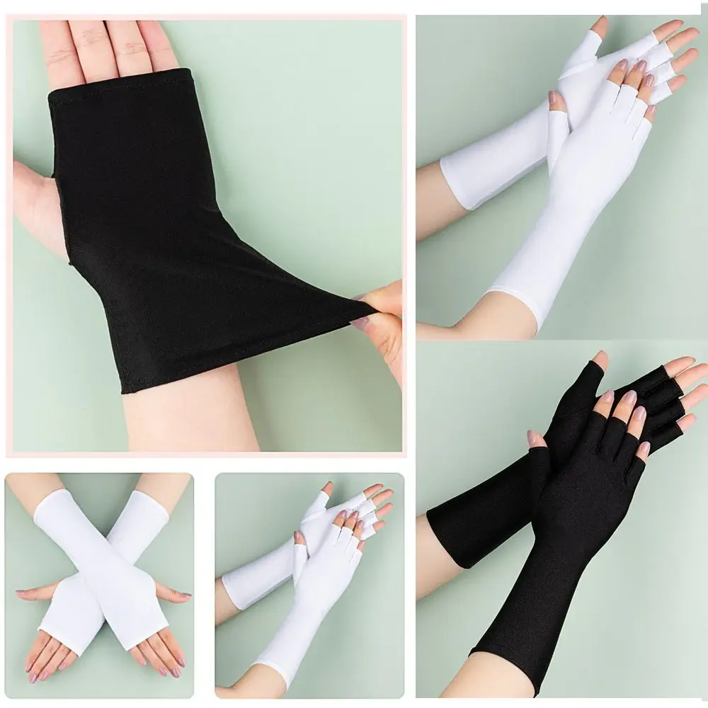 1Pair Sunscreen Protection Fingerless Long Gloves Women Arm Cool Summer Solid Mittens Half Finger Sleeves Black White Nude 3
