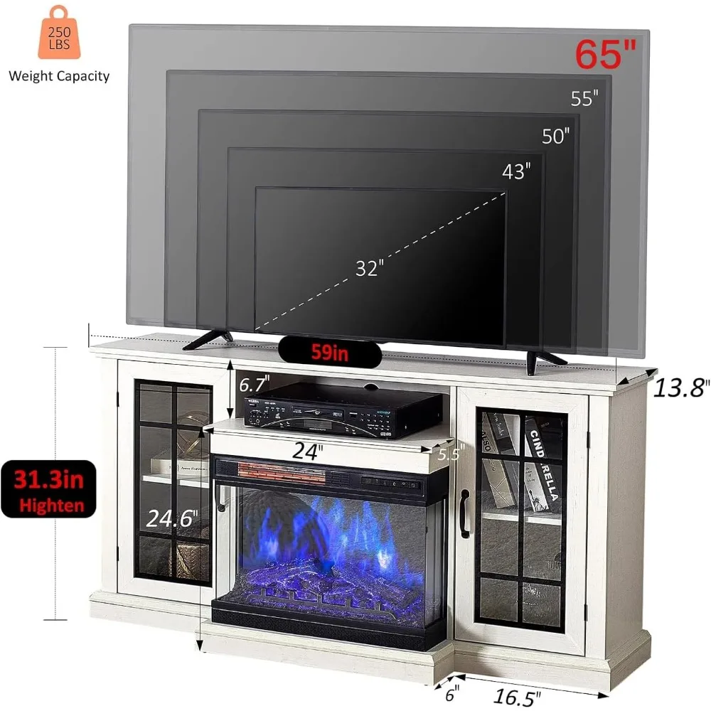 3-Sided Glass Fireplace TV Stand for TVs up to65''with12Color,Media Entertainment Center Console Table with Doors Closed Storage 4