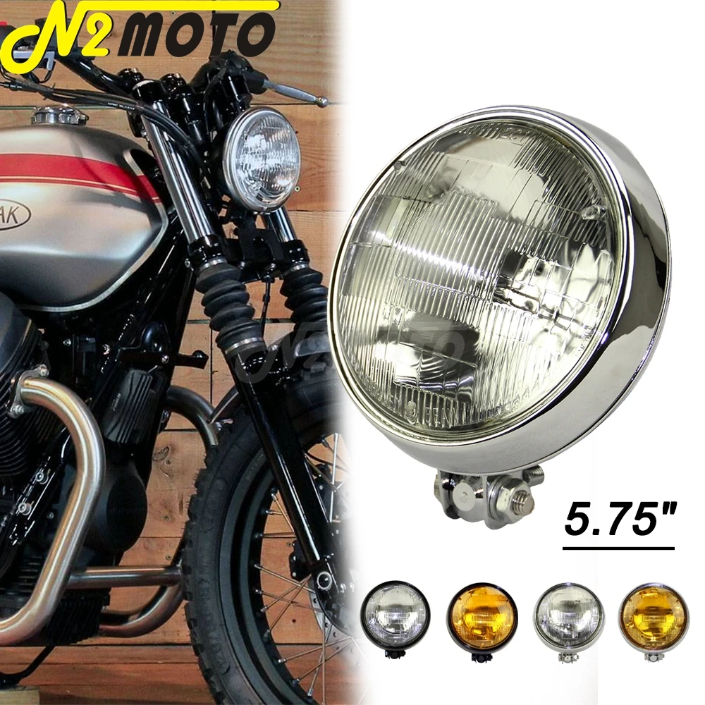 

Motorbike Retro 5.75" Headlight Chrome Bates Sty Front Headlamp Amber Lens For Harley Sportster Cafe Racer Bobber Chopper Custom