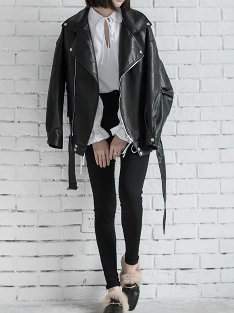 Aelegantmis Loose Women Soft Faux Leather Jacket With Belt Black Pu Leather Biker Jacket Lady Basic Coat Street Casual Outerwear