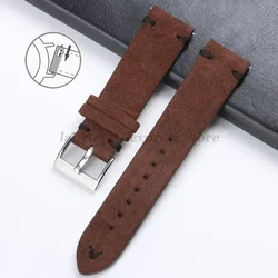 Vintage Handmade Suede Leather Watch Strap with Stitching Details, Available in Multiple Widths - Silver Buckle (Brown Black)