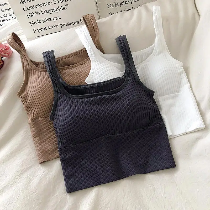 Women Underwear Wire-Free U-Shaped Camisole Wide Straps Striped Solid Bralette Lingerie One-Piece Tube Tops