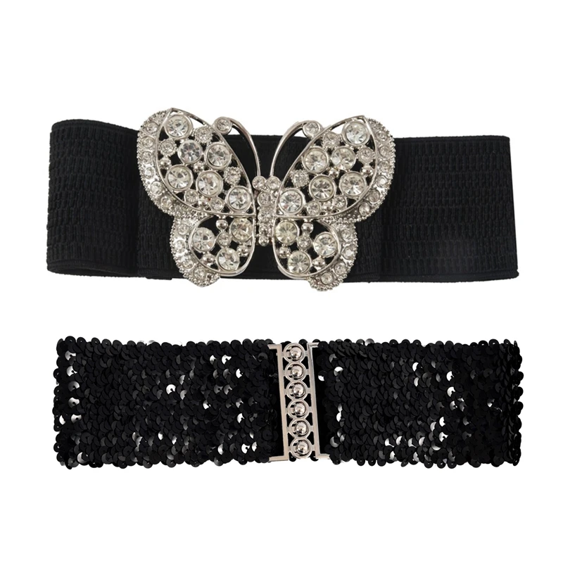 

2 Pcs Women Rhinestones Accent Butterfly Hook Buckle Black Elastic Cinch Waist Belt - 56X7cm & 58X5cm