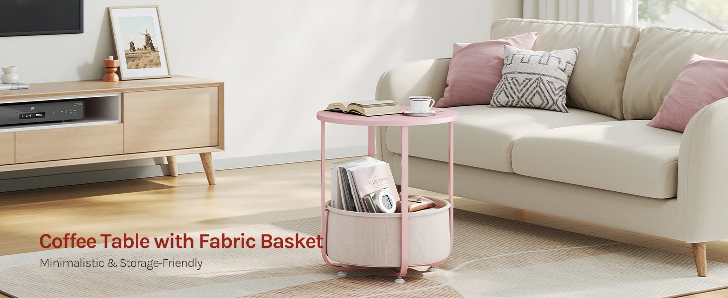 WOLTU Runder kleiner Couchtisch, Beistelltisch mit Stoff-Aufbewahrungskorb, Metallrahmen, Nachttisch, modern, für Wohnzimmer, Schlafzimmer – Detail 25