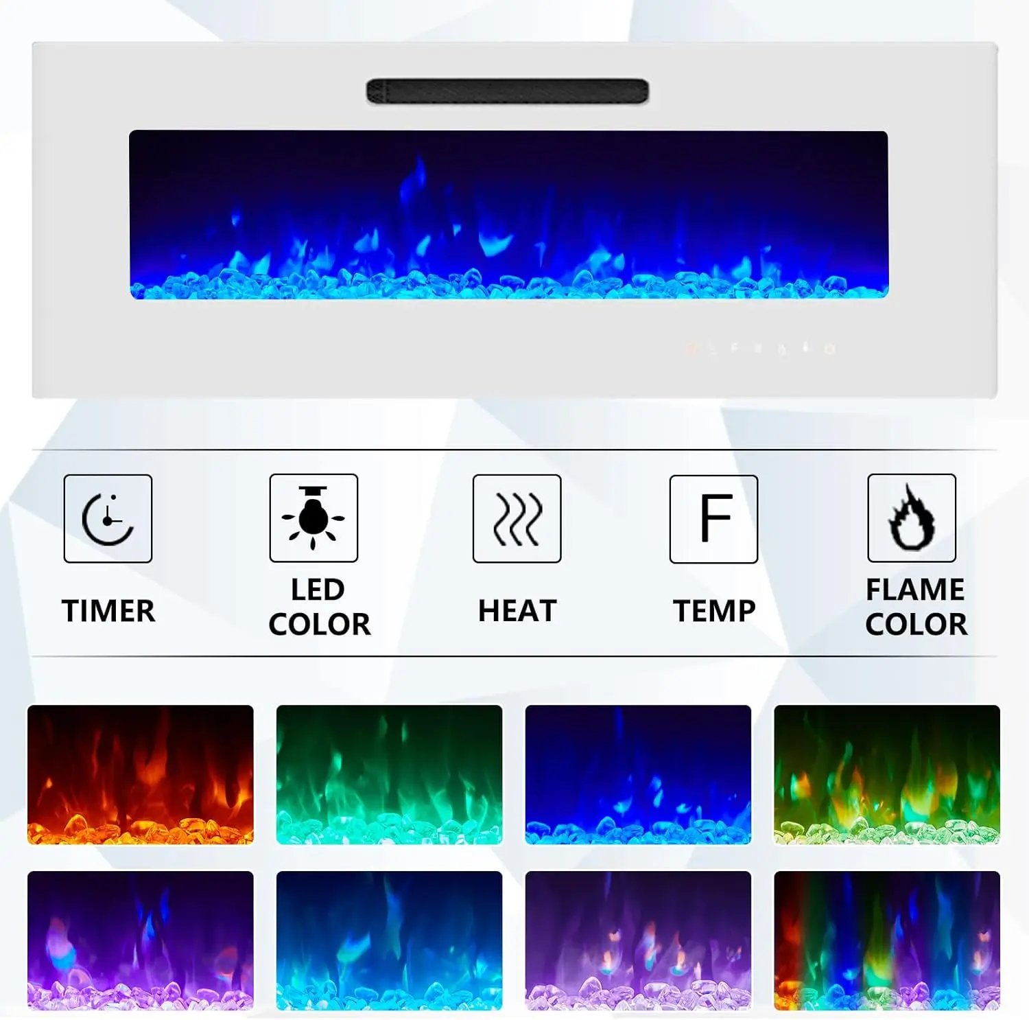Floating Fireplace TV Stand Wall-mounted Mirror with 40-inch Electric Fireplace Modern LED Lights Media Console All White 3