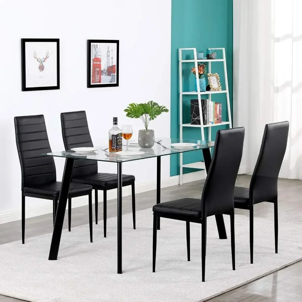 Black Dining Chair Set of 4, Leather Dining Chairs with Curved Back & Foot Cap Protection for Dining Kitchen Living Room 5