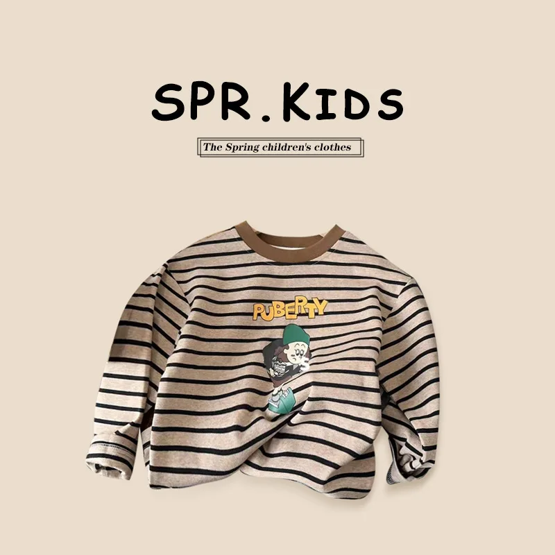 

Korean Summer Young Babys Boys Undershirt Cotton Striped Long Sleeve Children Boys Tops Cartoon Pattern Toddler Boys T-shirts