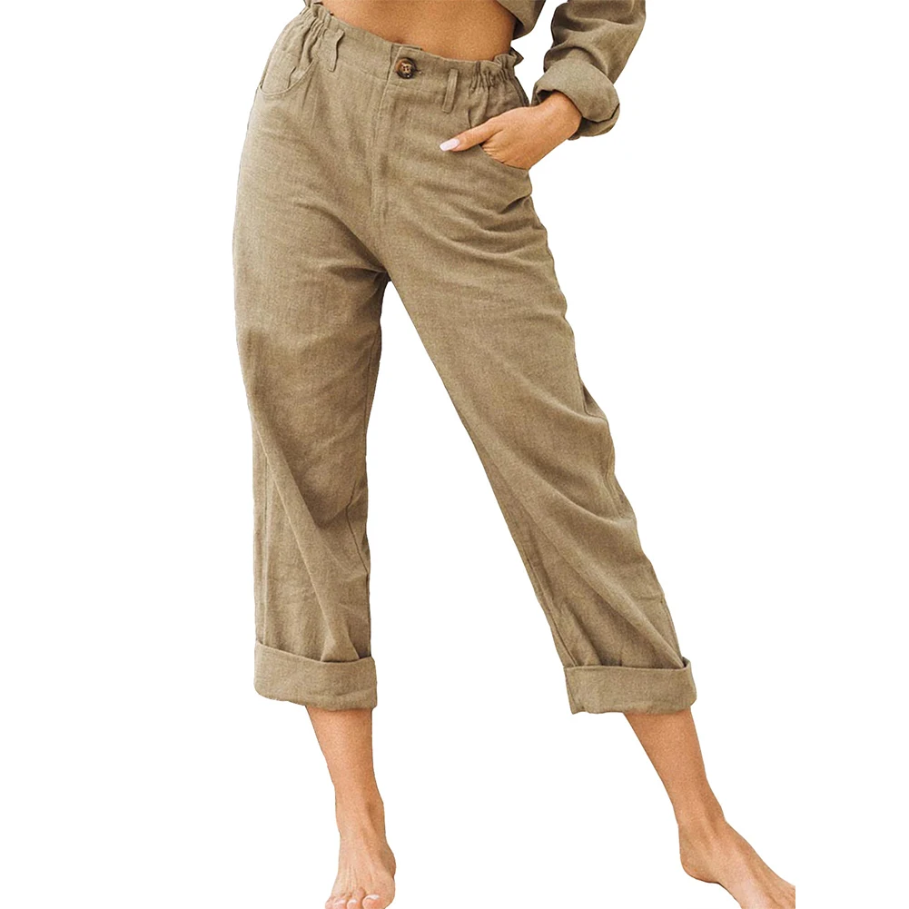 

Women's Stretch Waist Straight Leg Trousers for Summer High Waist Comfy Pants Available in Khaki Yellow Black and More