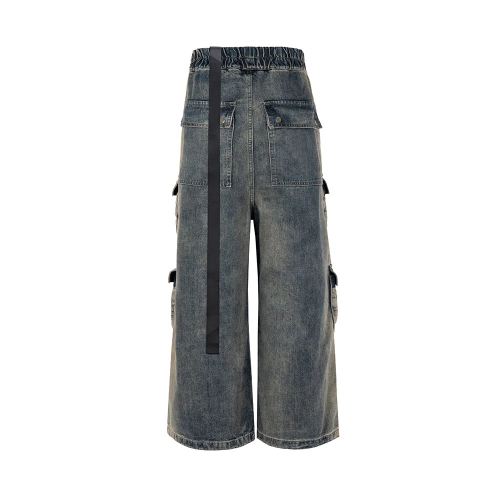 RO Style Gradient Ribbons Multi-pockets Drawstring Jeans for Men Harajuku Streetwear Baggy Y2K Denim Trousers Oversized Cargos 6