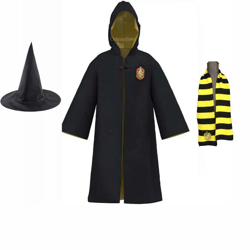 Uniforme escolar de bruja y mago para niños adultos, estilo Harris Potter, túnica, capa, bufanda, corbata, varita, collar, disfraz de Halloween