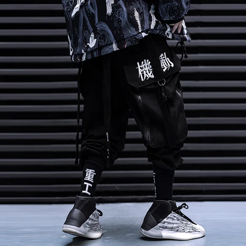 2023 리본 자수 전술 힙합 카고 바지 큰 주머니 남성 여성 하라주쿠 펑크 Techwear 하렘 바지