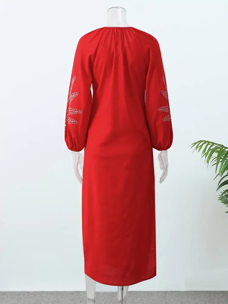 Fashion Linen Printed Maxi Dress For Women Casual V Neck Long Cuff Sleeves Split Vestidos 2024 Chic Female Beach Vacation Robes