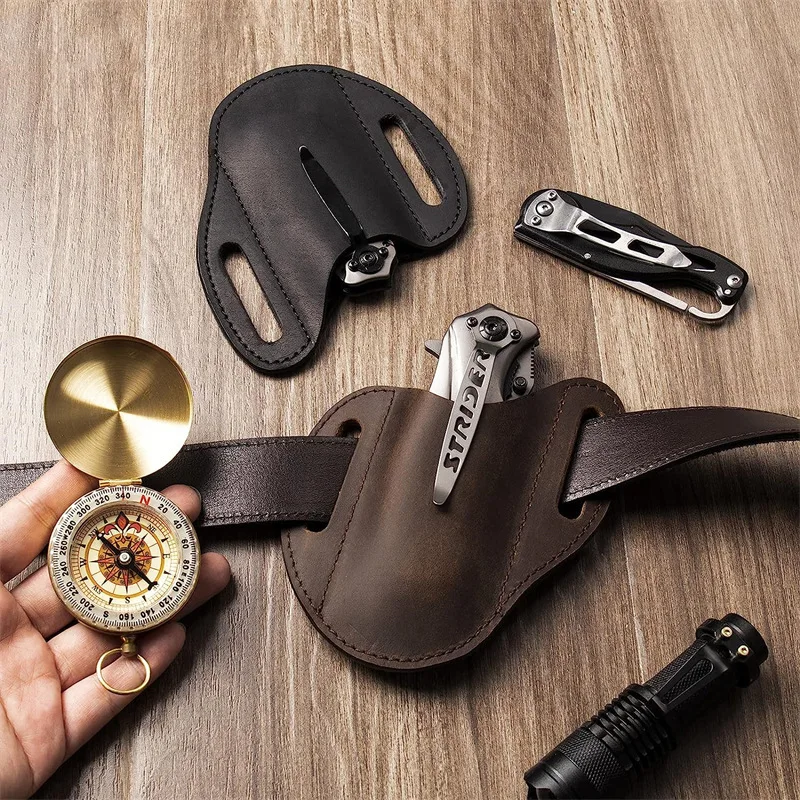 Vintage Genuine Leather Folding Knife Sheath with Belt Loop - Outdoor Hunting & Tactical EDC Holster