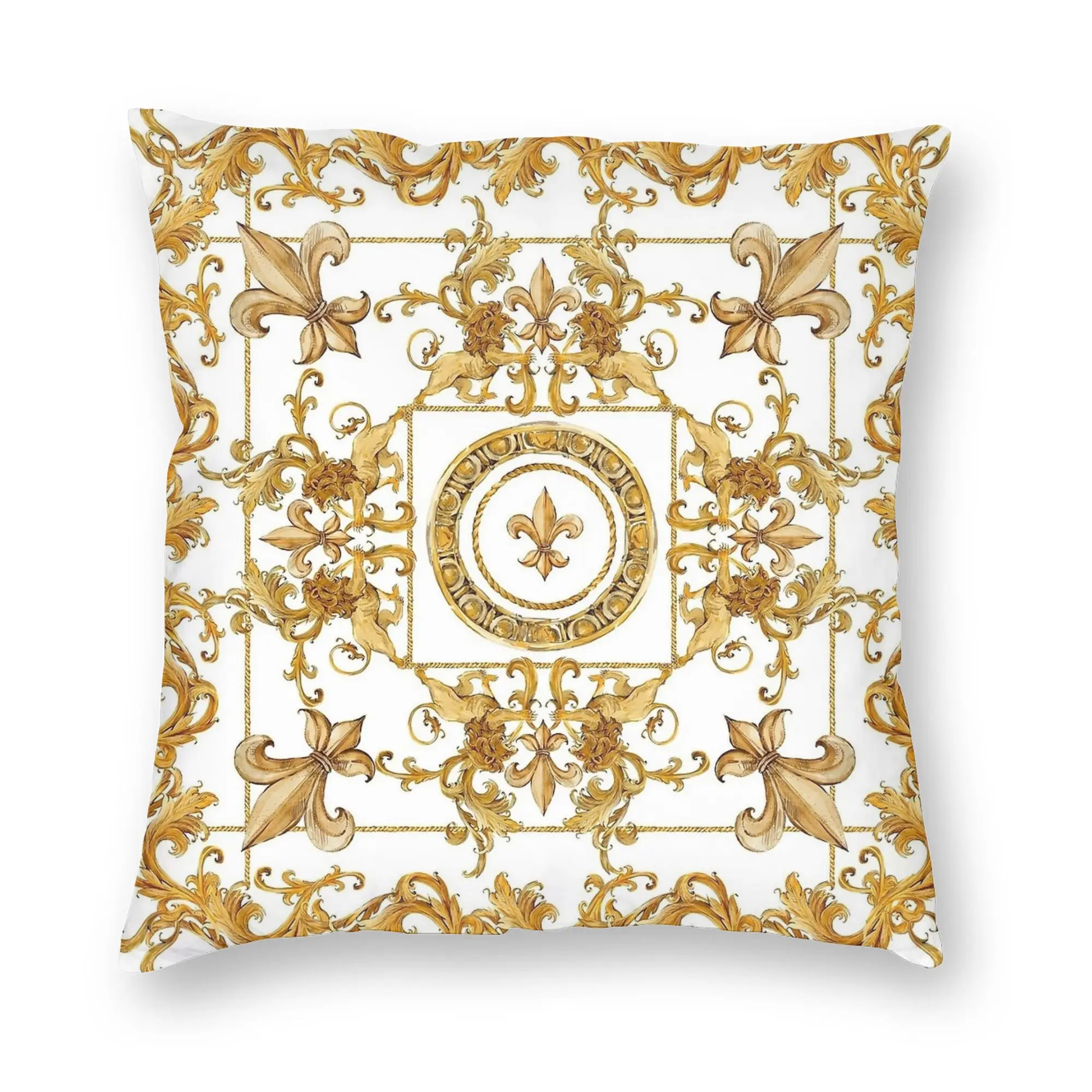 Elegant Baroque Gold Medallion Decorative Pillowcase - Luxurious Soft Fabric Cushion Cover