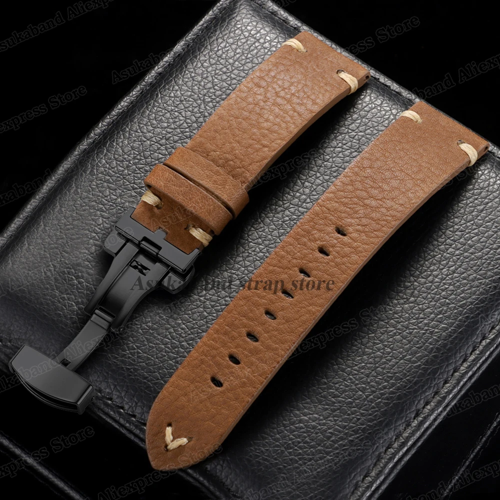 Brown Handmade Stitching Cowhide Leather Watch Band with Butterfly Buckle