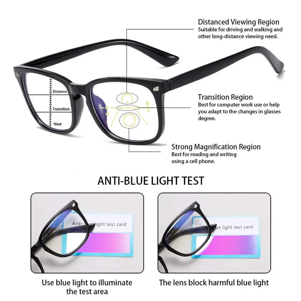 Square Multifocal Progressive Reading Glasses Men Women Fashion Anti Blue With Diopters Anti-glare Computer Eyeglasses +1.0~+4.0
