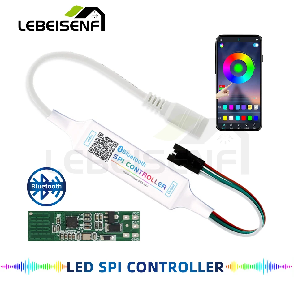 Фото Миниатюрный светодиодный контроллер SPI с Bluetooth, 5-24 В постоянного тока, 200 пикселей, регулятор сигнала, умное управление через приложение для RGB IC WS2811 WS2812B, светодиодные ленты №1