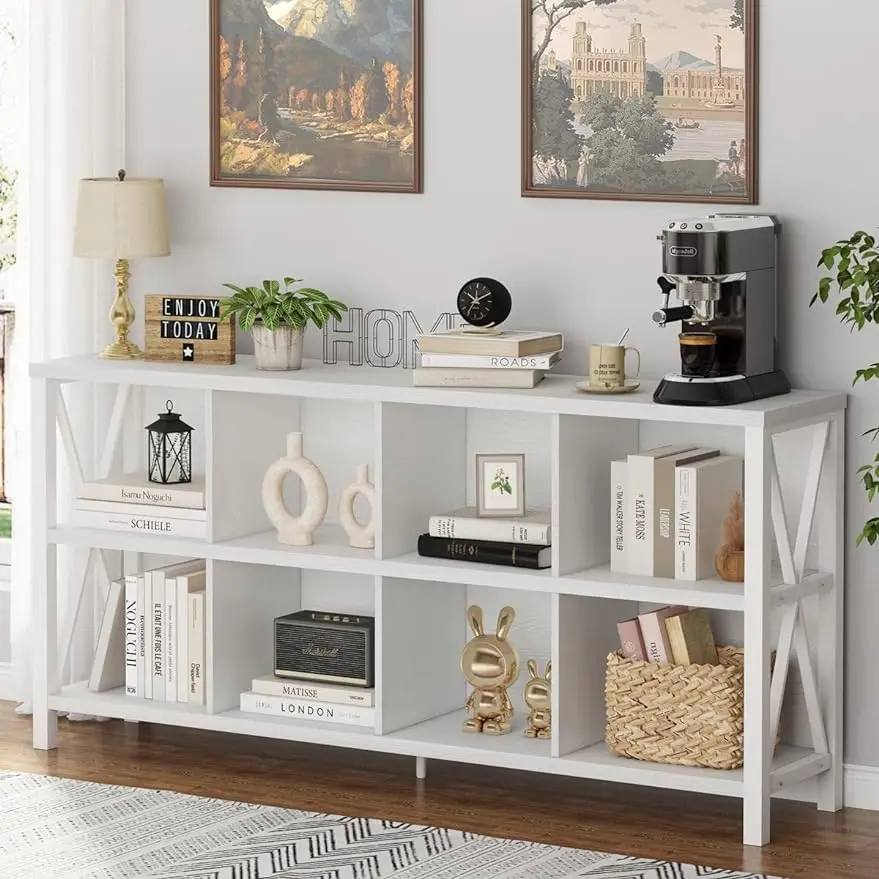 

FATORRI 8 Cube Storage Organizer Bookshelf, Rustic Wood Cubby Bookcase, Industrial Horizontal Long Shelf for Living Room