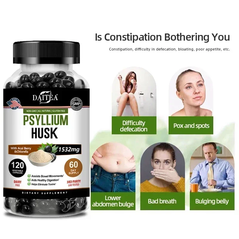 Psyllium Husk Capsules 1532 Mg Natural Soluble Fiber for Intestinal Health