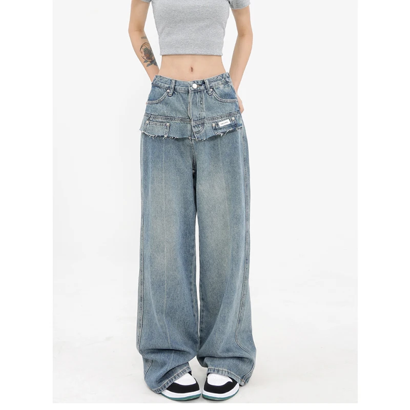 Jeans azzurri da donna tascabili a vita alta pantaloni larghi da strada americani moda larghi vintage 2023 NUOVI pantaloni invernali dritti_voghion.com