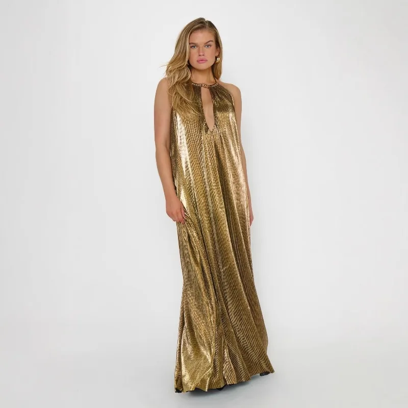 Luxuriöses Metallisch-Goldenes Neckholder-Maxikleid Elegantes Ärmelloses Rückenfreies Fließendes Kleid für Party, Abschlussball, Abendveranstaltungen und Cocktailpartys