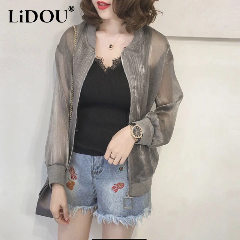 

Summer Oversize Solid Color Zipper Tops Ladies Round Neck Long Sleeve Thin Style Bright Silk Cardigan Lace Sunscreen Clothing