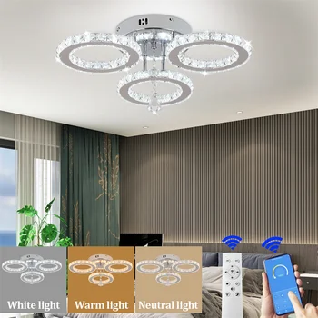 Modern Crystal Chandelier with App Dimmable Ceiling Light Fixture Rings Shape Flush Mount Chandelier for Bedroom Living Room 2
