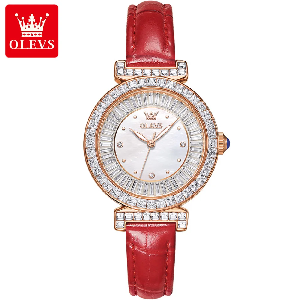 ساعة أوليف كوارتز ماسية بالكامل للنساء ، حزام جلدي...