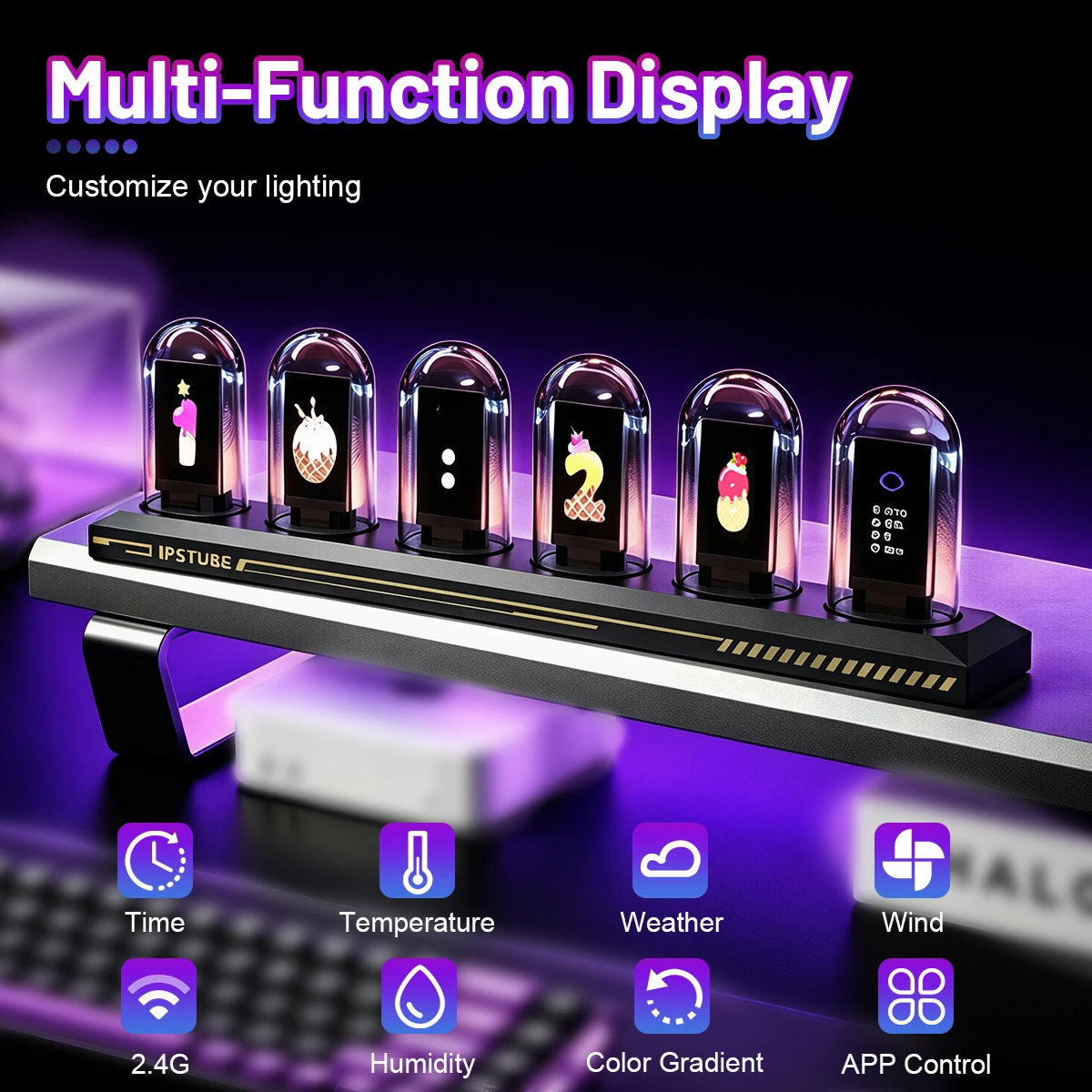 Reloj de Tubos Nixie RGB con Pantalla a Color IPS, Tubo de Neón de 3 Modos a Todo Color, Visualización de Hora, Fotos y Clima para Escritorio, Regalo