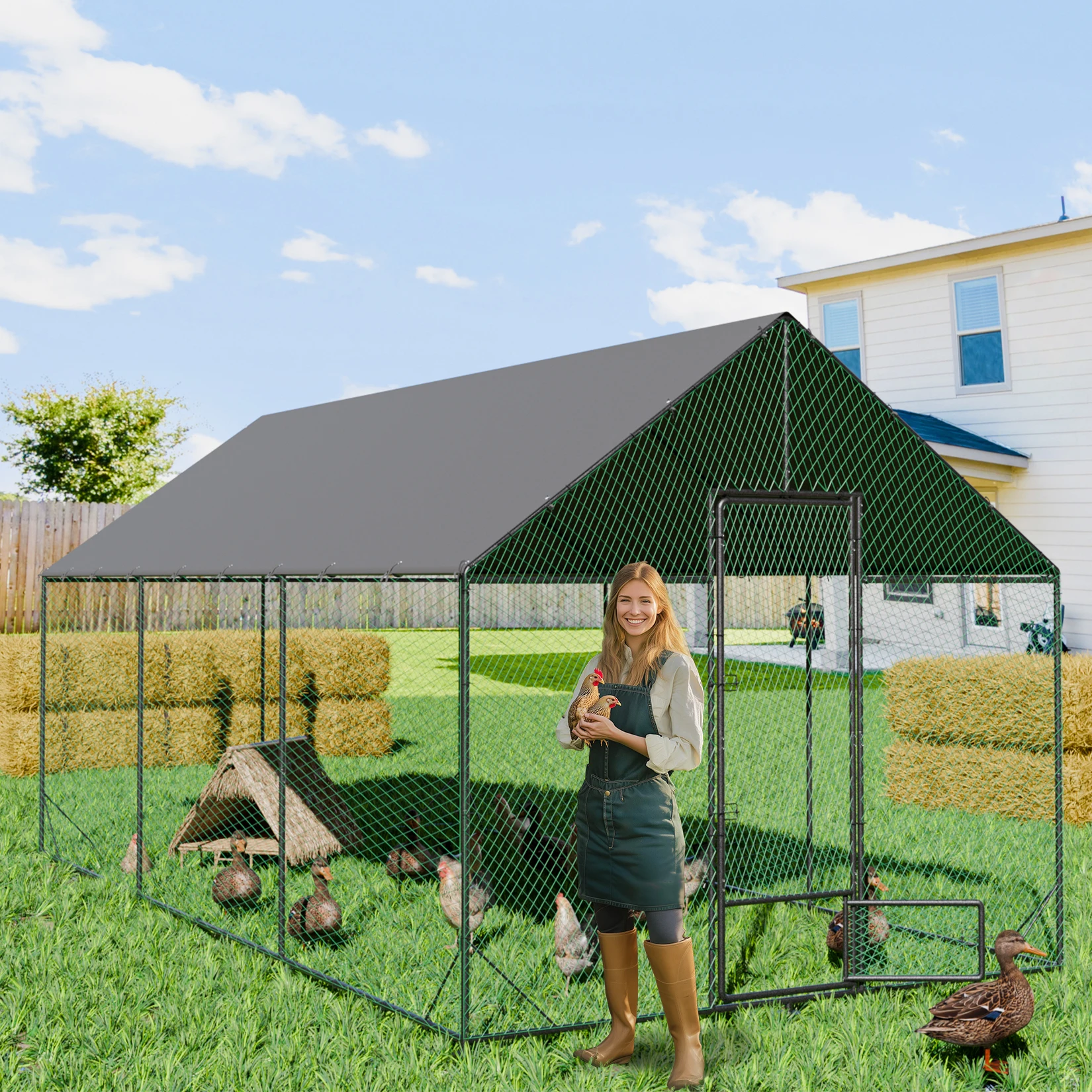 Large Outdoor Upgrade Metal Chicken Coop Walk-in Poultry Run Pen Cage Pet Duck Hen House with Nylon Netting and Cover for Yards chicken coop
