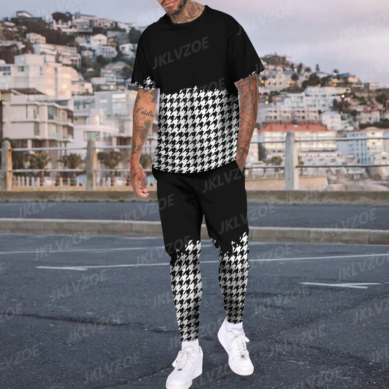 Men's Summer Tracksuit Plaid Stripes T-Shirt+Trousers Set 2 Piece Casual Stylish Suit Streetwear Fashion Outfit Male Clothing