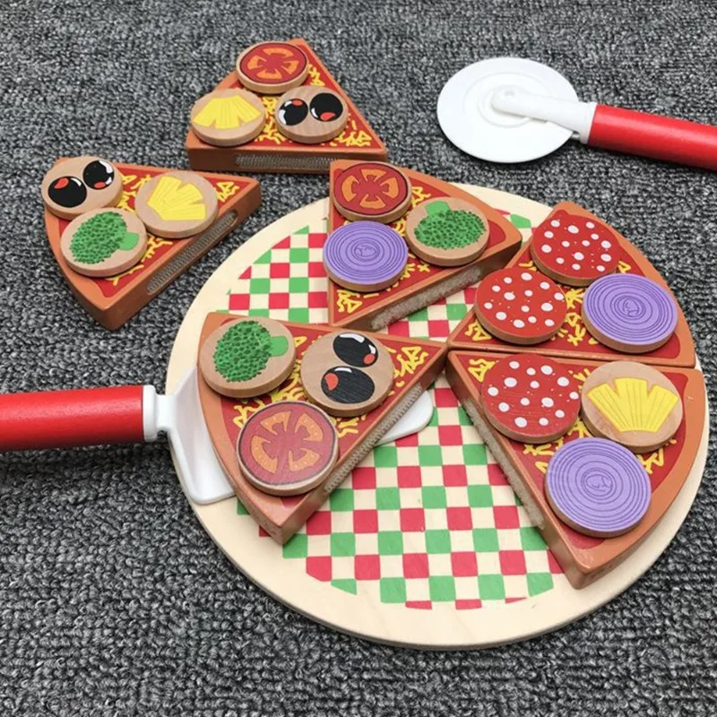 

Kids Wooden Pizza Cutting Toy Playing House Simulation Toys Play Food Set Pretend Food Playset for Preschool Age Toddlers